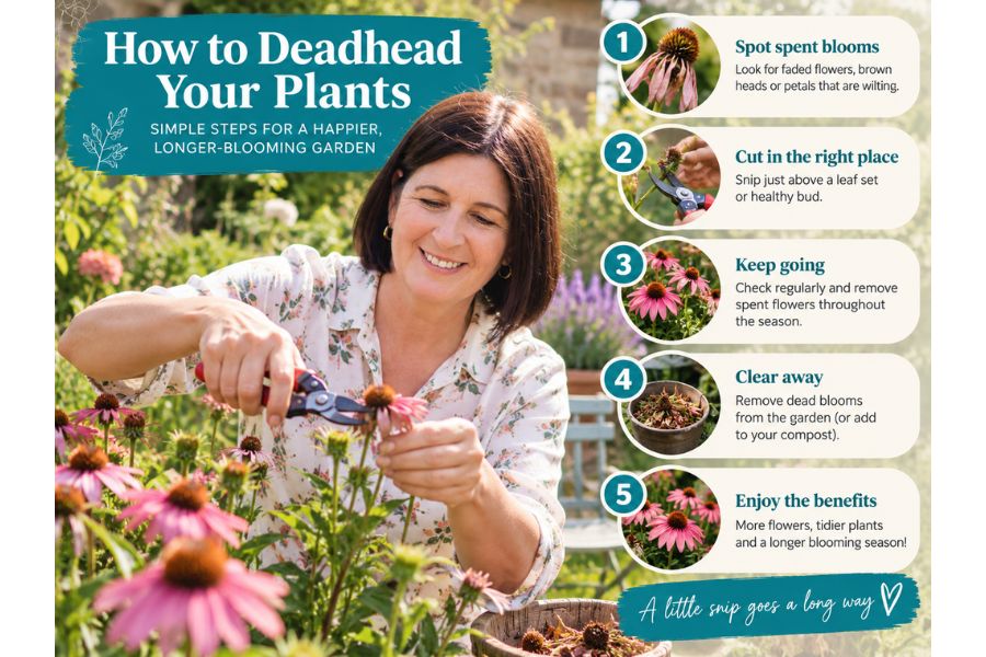 A gardening infographic titled "How to Deadhead Your Plants." It reads "Simple steps for a happier longer blooming garden. 1 Spot spent blooms. Look for faded flowers brown heads or petals that are wilting. 2 Cut in the right place. Snip just above a leaf set or healthy bud. 3 Keep going. Check regularly and remove spent flowers throughout the season. 4 Clear away. Remove dead blooms from the garden or add to your compost. 5 Enjoy the benefits. More flowers tidier plants and a longer blooming season. A little snip goes a long way." A woman demonstrates deadheading pink coneflowers with pruning shears beside the instructions.