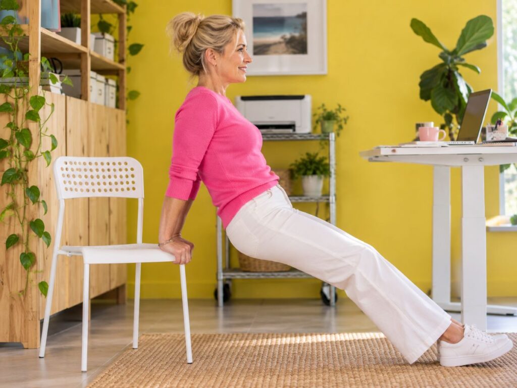 Woman doing a tricep dip using a chair beside her standing desk in a bright home office. This microworkout adds strength exercises to short breaks during the workday.