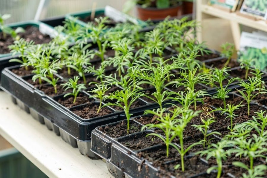 Rows of young green seedlings grow in black planting trays filled with soil. The small plants are arranged closely together indoors near a bright window.