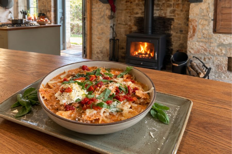 A bowl of creamy tomato pasta topped with a dollop of soft white cheese fresh basil grated cheese and chopped tomatoes. The bowl sits on a wooden counter beside a glowing wood stove.