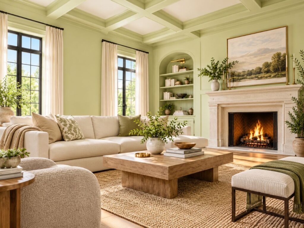 Sunlit living room painted in a soft celery green inspired by the 2027 color of the year. Cream seating a wood coffee table built in shelves and a lit stone fireplace create a warm natural look.