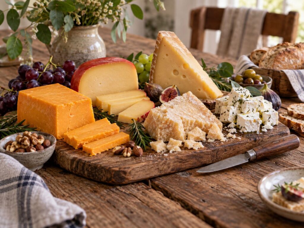 A rustic cheese board features orange cheddar with several pale hard and soft cheeses alongside grapes figs olives nuts herbs and bread. The assortment shows several cheese textures and serving styles gathered together on a wooden table.