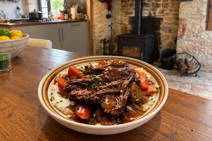 Tender shredded pot roast with carrots and onions is served over creamy mashed potatoes and covered in brown gravy. Fresh chopped herbs add color to the rich slow cooked dinner.