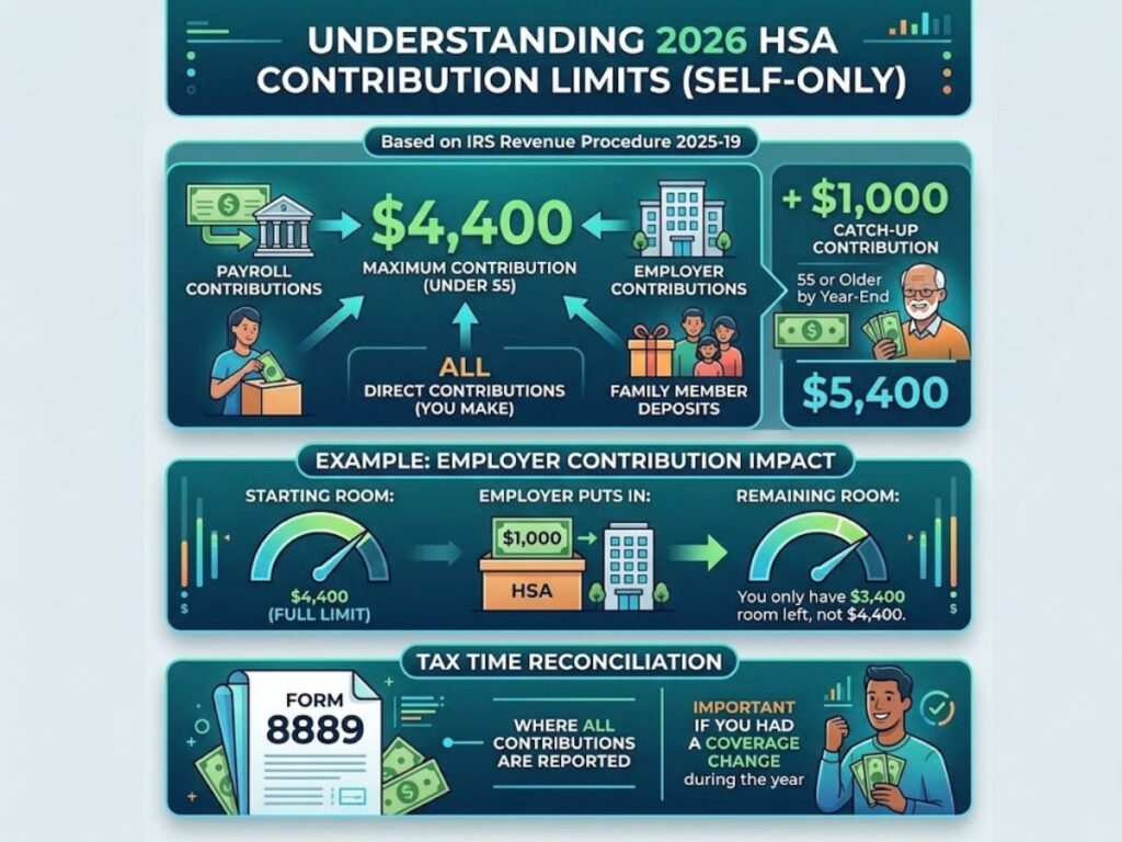 Teal infographic explaining HSA rules for 2026 self only contribution limits with illustrations showing employee contributions employer contributions and tax reporting. The infographic reads "UNDERSTANDING 2026 HSA CONTRIBUTION LIMITS SELF ONLY. Based on IRS Revenue Procedure 2025-19. PAYROLL CONTRIBUTIONS. $4,400. MAXIMUM CONTRIBUTION UNDER 55. EMPLOYER CONTRIBUTIONS. +$1,000. CATCH-UP CONTRIBUTION. 55 or Older by Year-End. ALL DIRECT CONTRIBUTIONS YOU MAKE. FAMILY MEMBER DEPOSITS. $5,400. EXAMPLE EMPLOYER CONTRIBUTION IMPACT. STARTING ROOM. $4,400 FULL LIMIT. EMPLOYER PUTS IN. $1,000. HSA. REMAINING ROOM. You only have $3,400 room left, not $4,400. TAX TIME RECONCILIATION. FORM 8889. WHERE ALL CONTRIBUTIONS ARE REPORTED. IMPORTANT IF YOU HAD A COVERAGE CHANGE during the year."