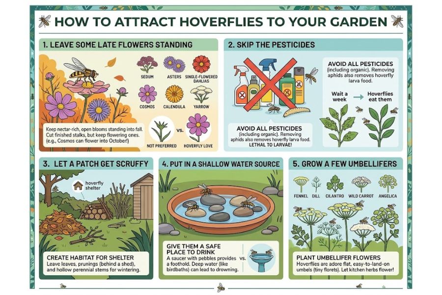 A colorful infographic explains several ways to attract hoverflies to a garden using illustrated panels with flowers, habitat, water, and pesticide advice. It reads "HOW TO ATTRACT HOVERFLIES TO YOUR GARDEN." "1. LEAVE SOME LATE FLOWERS STANDING." "SEDUM." "ASTERS." "SINGLE FLOWERED DAHLIAS." "COSMOS." "CALENDULA." "YARROW." "Keep nectar rich, open blooms standing into fall. Cut finished stalks, but keep flowering ones. e.g. Cosmos can flower into October." "VS." "NOT PREFERRED." "HOVERFLY LOVE." "2. SKIP THE PESTICIDES." "AVOID ALL PESTICIDES including organic. Removing aphids also removes hoverfly larva food." "AVOID ALL PESTICIDES including organic. Removing aphids also removes hoverfly larva food. LETHAL TO LARVAE." "Wait a week." "Hoverflies eat them." "3. LET A PATCH GET SCRUFFY." "hoverfly shelter." "CREATE HABITAT FOR SHELTER. Leave leaves, prunings behind a shed, and hollow perennial stems for wintering." "4. PUT IN A SHALLOW WATER SOURCE." "GIVE THEM A SAFE PLACE TO DRINK. A saucer with pebbles provides a foothold. Deep water like birdbaths can lead to drowning." "vs." "5. GROW A FEW UMBELLIFERS." "FENNEL." "DILL." "CILANTRO." "WILD CARROT." "ANGELICA." "PLANT UMBELLIFER FLOWERS. Hoverflies adore flat, easy to land on umbels tiny florets. Let kitchen herbs flower."