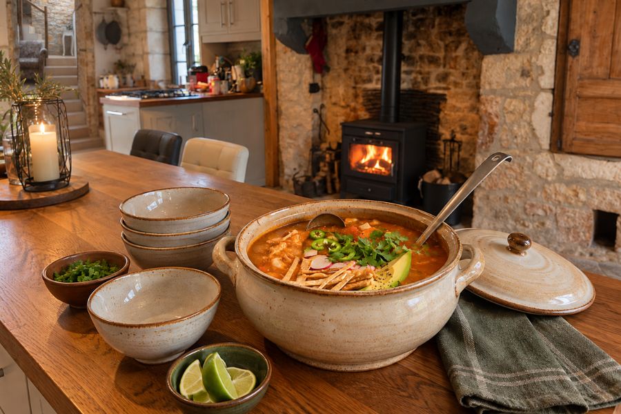 A large ceramic pot of tomato based soup topped with avocado sliced jalapeno radish tortilla strips and cilantro. Bowls lime wedges and extra cilantro are arranged beside the pot for serving.