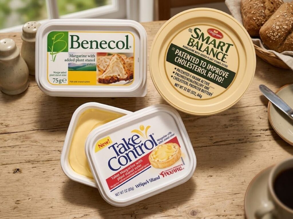 Three tubs of processed margarine and spreads displayed on a wooden table. The packaging reads "Benecol. Margarine with added plant stanol ester." "Smart Balance. Margarine with added plant stanol ester. Patented to improve cholesterol ratio." and "Take Control. Tallate Margarine with plant stanol ester."