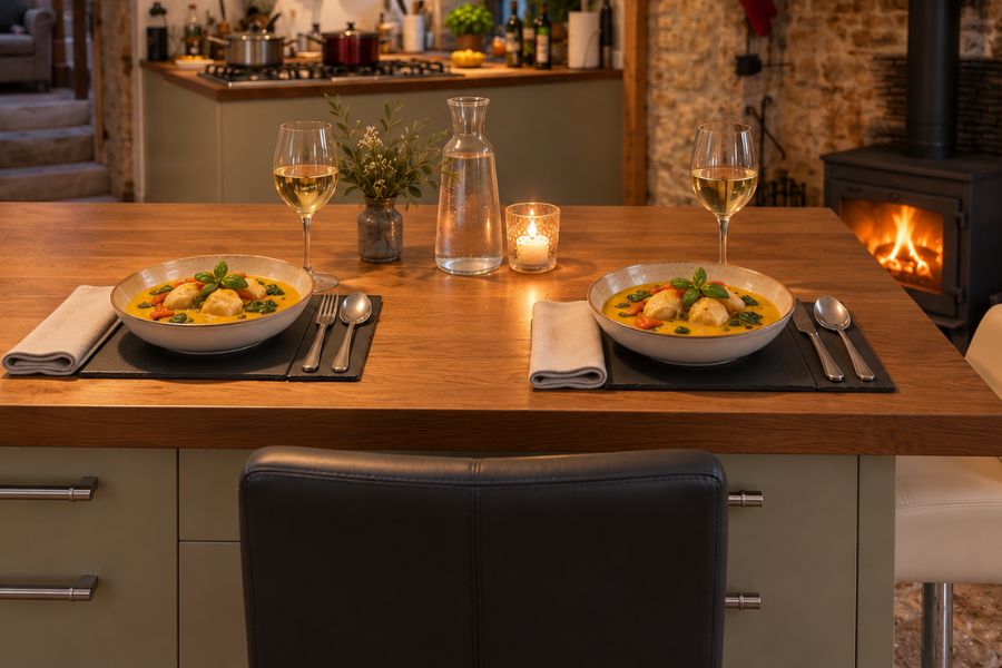 Two place settings each hold a bowl of creamy orange soup topped with small dumpling like pieces vegetables and fresh basil. White wine water and a candle are arranged between the bowls beside a glowing wood stove.