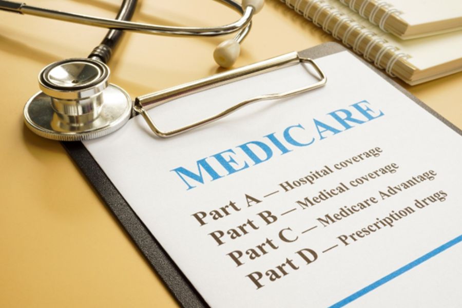A stethoscope rests on a clipboard beside notebooks and a pen. The page reads "MEDICARE" "Part A Hospital coverage" "Part B Medical coverage" "Part C Medicare Advantage" and "Part D Prescription drugs".