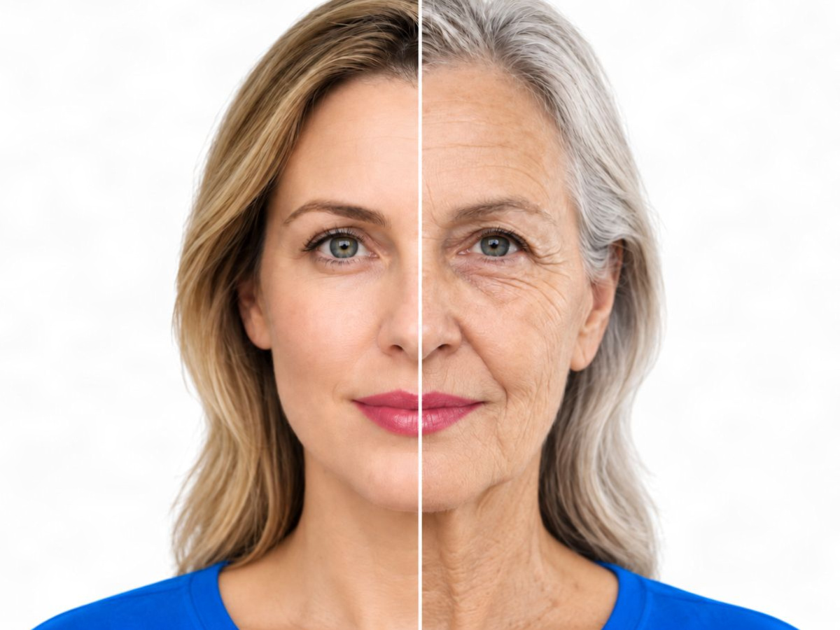 A split portrait shows the same woman appearing younger on the left and older on the right with gray hair and visible wrinkles. The visual represents aging over time in the context of how long you will live.