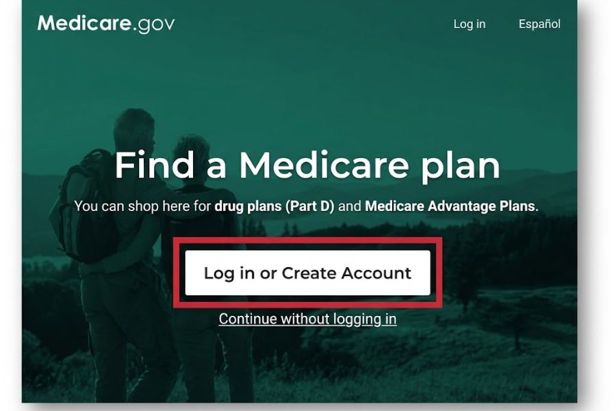 A Medicare.gov plan finder page appears over a dark outdoor background. The page reads "Medicare.gov" "Log in" "Español" "Find a Medicare plan" "You can shop here for drug plans Part D and Medicare Advantage Plans." "Log in or Create Account" and "Continue without logging in".