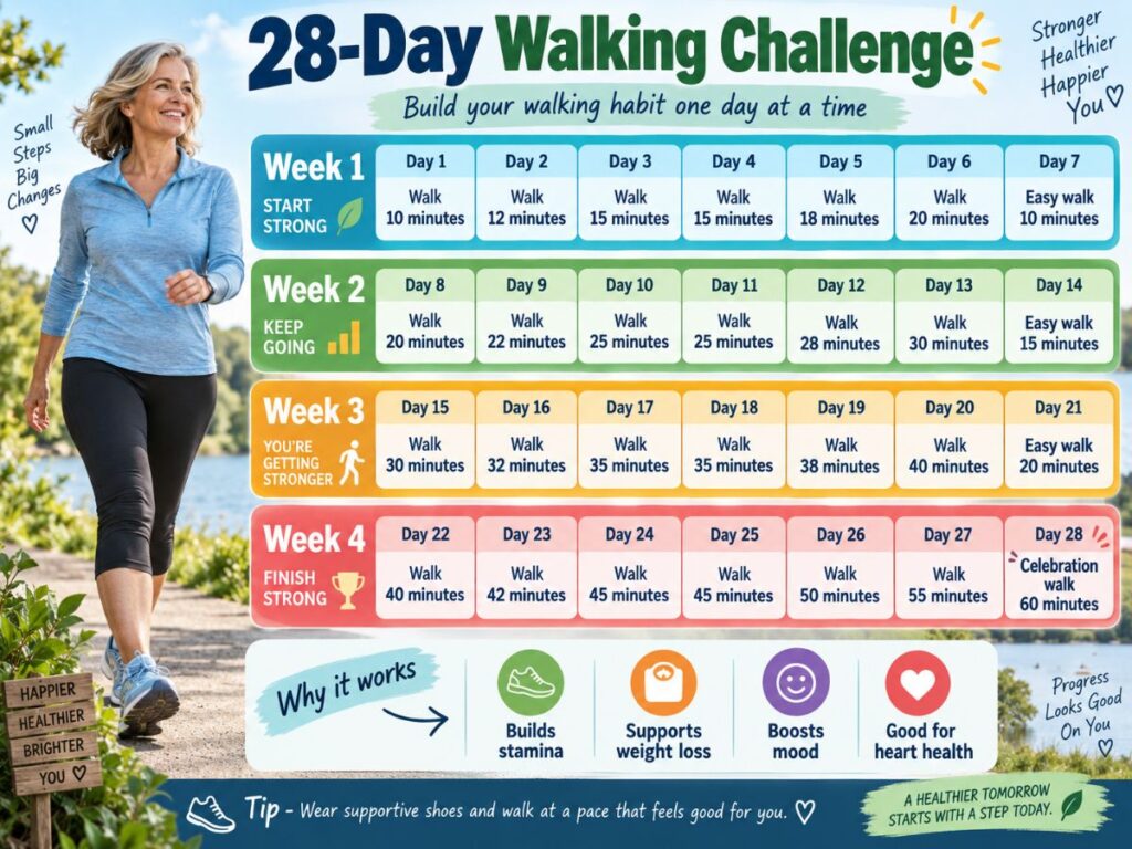 Colorful walking challenge infographic beside a smiling woman walking outdoors with the heading "28-Day Walking Challenge" and the subtitle "Build your walking habit one day at a time".
