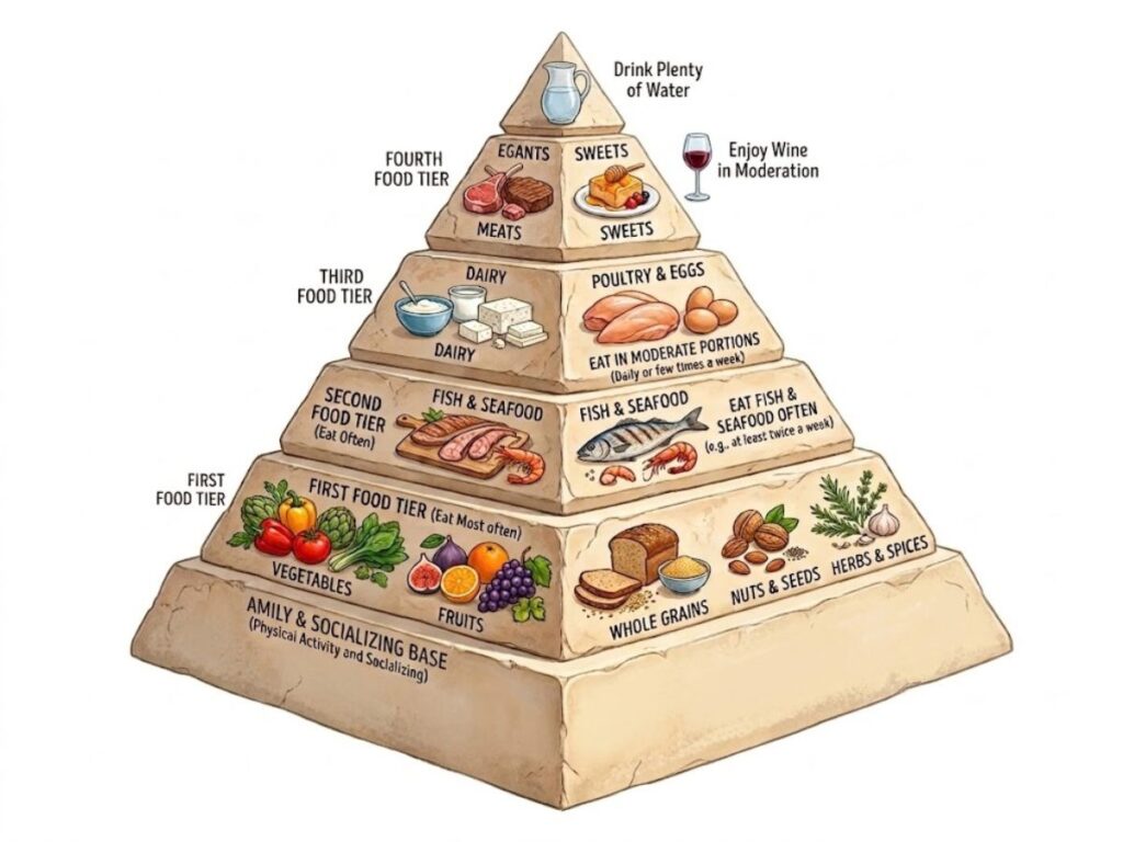 Mediterranean foods pyramid showing a base of family and socializing and physical activity. The first food tier says eat most often and includes vegetables fruits whole grains nuts and seeds and herbs and spices. The second food tier says eat often and includes fish and seafood. The third food tier includes dairy and poultry and eggs with the instruction eat in moderate portions daily or few times a week. The fourth food tier includes meats and sweets. The pyramid also says drink plenty of water and enjoy wine in moderation.