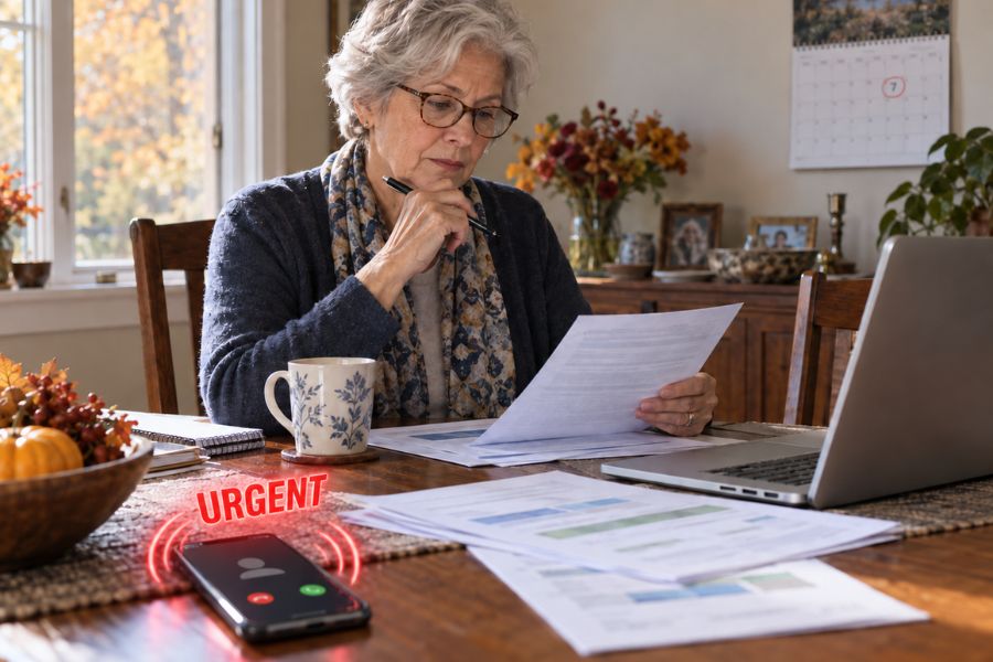 An older woman reviews paperwork beside a laptop at a dining table while holding a pen. A smartphone in the foreground shows an incoming call marked "URGENT" which reinforces the time sensitive decisions associated with Medicare Open Enrollment.