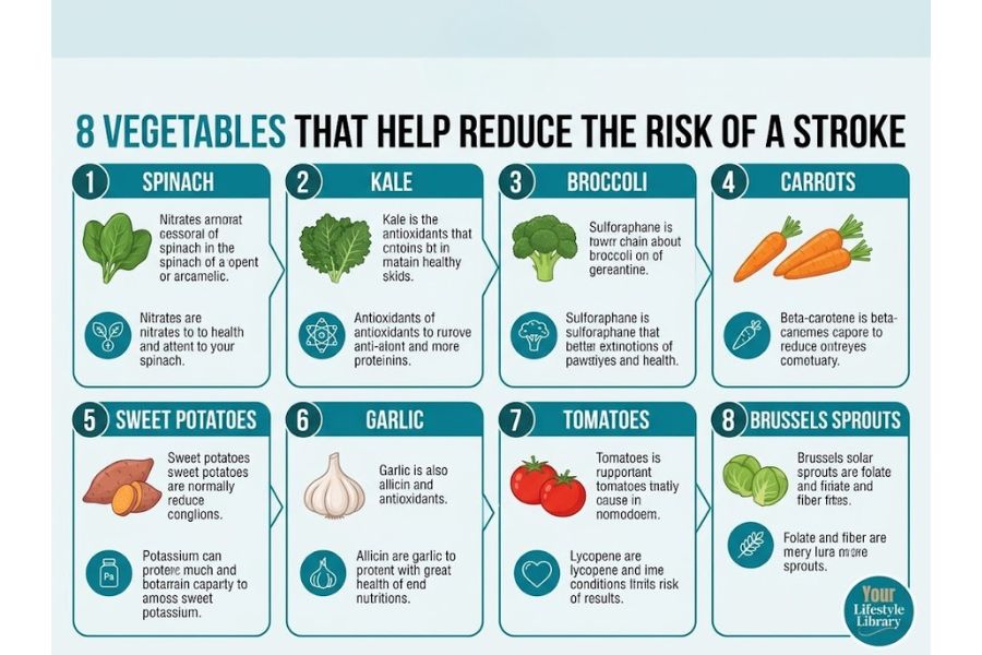 Infographic titled "8 VEGETABLES THAT HELP REDUCE THE RISK OF A STROKE" featuring spinach. kale. broccoli. carrots. sweet potatoes. garlic. tomatoes. and Brussels sprouts as foods related to stroke risk. The clearly readable supporting text includes "Garlic is also allicin and antioxidants." while much of the smaller explanatory copy is distorted or nonsensical and cannot be transcribed reliably. A logo at the bottom reads "Your Lifestyle Library".