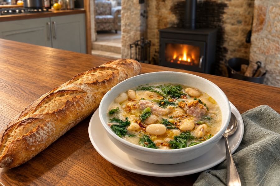 A bowl of creamy white bean soup with leafy greens and pieces of sausage sits beside a crusty baguette. The warming soup is presented as a cozy choice for a collection of crockpot meals.