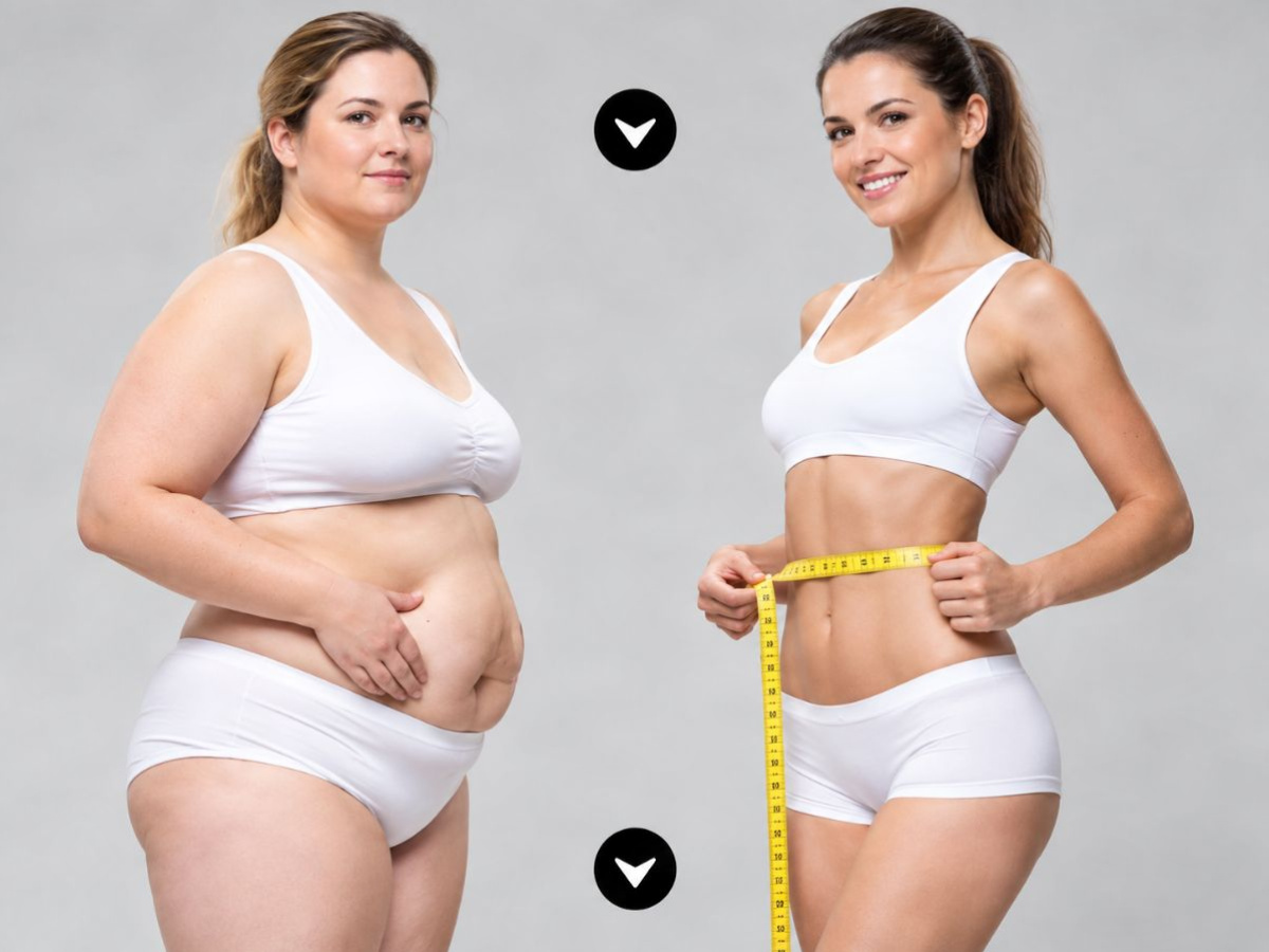 Two women wearing white underwear one fat and one thin, and the thin one has a yellow talep measure around her belly as if promoting fight the flab.