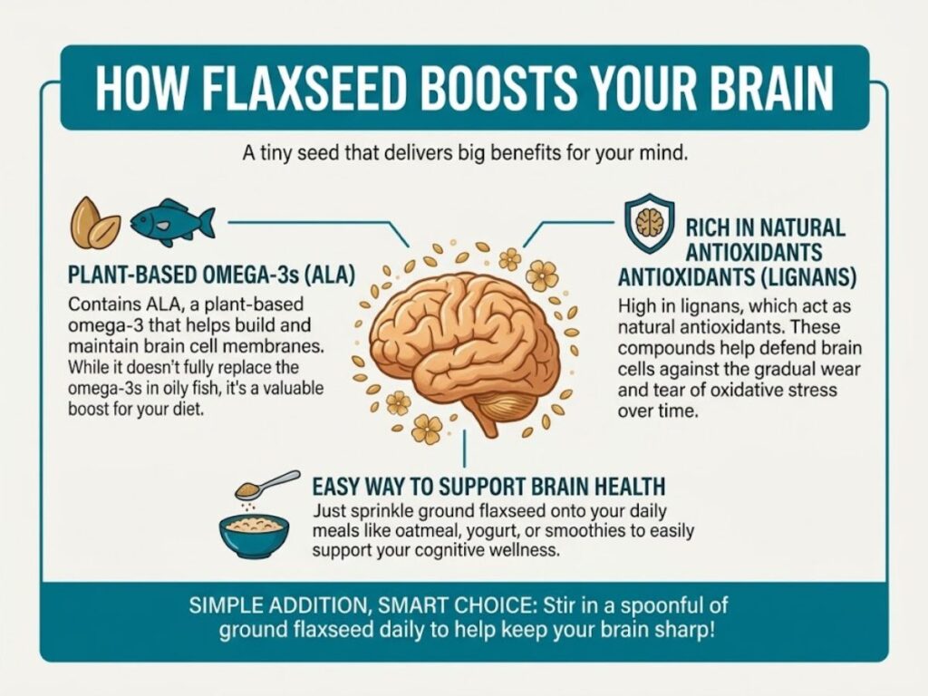 An infographic titled "HOW FLAXSEED BOOSTS YOUR BRAIN" with an illustrated brain surrounded by flaxseeds and flowers.