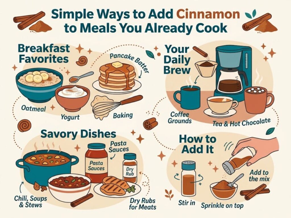 Colorful infographic titled "Simple Ways to Add Cinnamon to Meals You Already Cook" showing ways to incorporate cinnamon into everyday foods. Breakfast favorites include oatmeal, yogurt, pancake batter and baking. Daily drinks include coffee grounds, tea and hot chocolate. Savory dishes include chili, soups, stews, pasta sauces and dry rubs for meats. Instructions show how to stir in cinnamon, sprinkle it on top or add it to the mix as part of everyday eating habits that may support lowering cholesterol.
