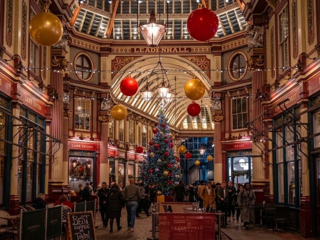 Leadenhall Market in London decorated for Christmas with a towering illuminated Christmas tree and giant red and gold baubles hanging from its ornate Victorian ceiling. Visitors stroll through the historic covered market beneath festive string lights.