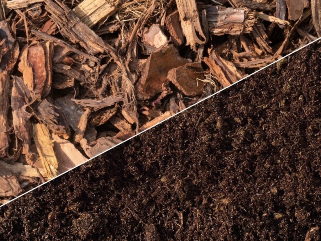 Close up comparison of mulch vs compost separated by a diagonal white line. The upper section shows coarse brown wood chips and shredded bark with rough textures. The lower section shows dark brown crumbly compost with a fine texture that resembles rich garden soil.