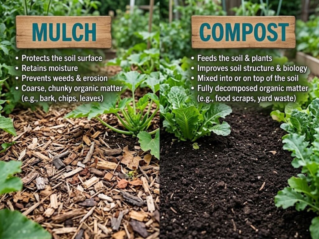 Side by side infographic comparing mulch vs compost in a vegetable garden. The left side shows brown wood chips around green plants with the heading "MULCH" and explains "Protects the soil surface." "Retains moisture." "Prevents weeds and erosion." "Coarse chunky organic matter such as bark. chips. and leaves." The right side shows dark compost around leafy vegetables with the heading "COMPOST" and explains "Feeds the soil and plants." "Improves soil structure and biology." "Mixed into or on top of the soil." "Fully decomposed organic matter such as food scraps and yard waste."