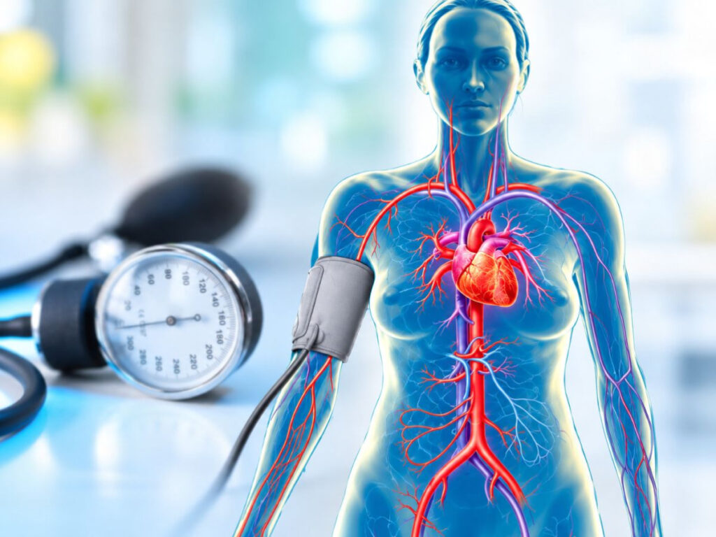 Medical illustration of a woman's cardiovascular system showing her heart and red and blue blood vessels throughout her upper body. A blood pressure cuff is wrapped around her arm with a blood pressure gauge in the background, representing cardiovascular health and the importance of monitoring blood pressure.