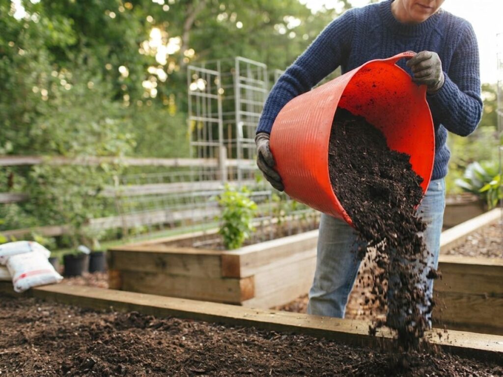 ardener wearing a navy blue sweater and gardening gloves pours dark crumbly compost from a large orange bucket into a wooden raised garden bed. Other raised beds and metal plant supports are visible in the background. The scene demonstrates adding compost to garden soil to improve its structure and provide nutrients for growing plants.