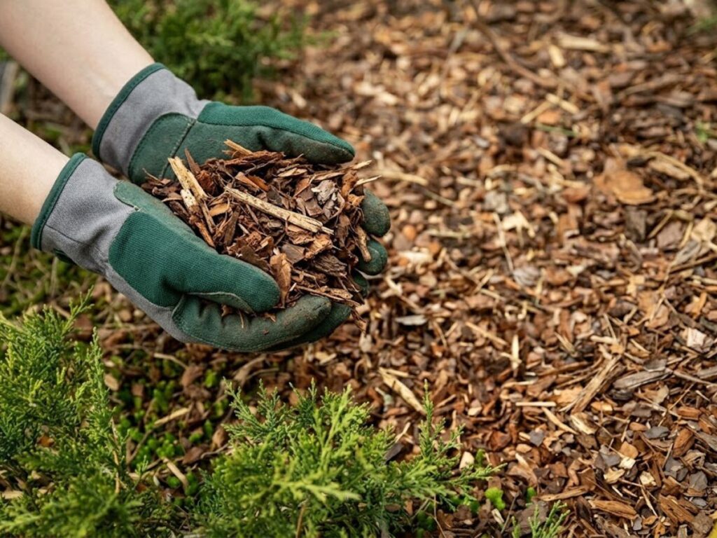 Close up of green and gray gardening gloves holding a handful of coarse brown wood chip mulch made from shredded bark and small wood fragments. A thick layer of similar mulch covers the ground around small green shrubs. The scene demonstrates how organic mulch is used around garden plants to retain soil moisture and help suppress weeds.