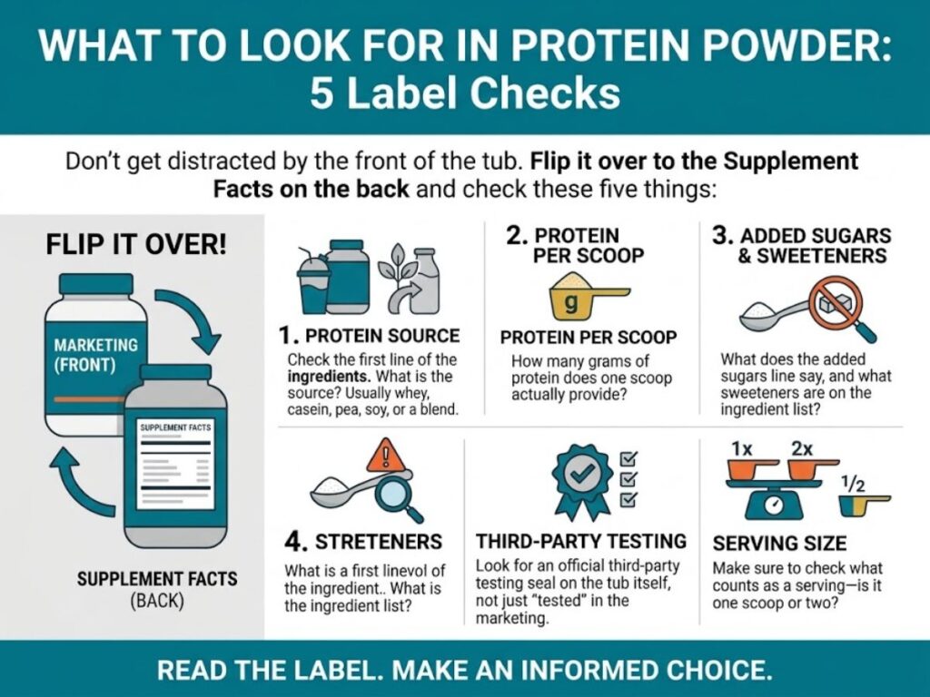 Infographic titled "WHAT TO LOOK FOR IN PROTEIN POWDER. 5 Label Checks." It advises checking the Supplement Facts on the back of the container for protein source, grams of protein per scoop, added sugars and sweeteners, stretchers, third party testing and serving size. The bottom reads "READ THE LABEL. MAKE AN INFORMED CHOICE."
