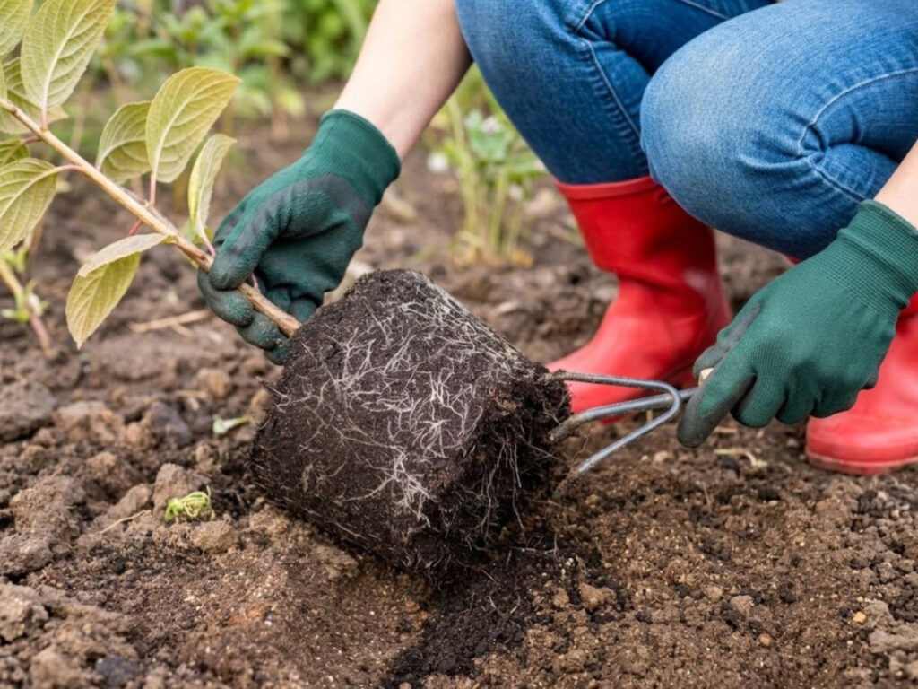 A gardener wearing green gloves and red rubber boots lifts a shrub with its soil covered root ball using a hand cultivator. and showing when to transplant hydrangeas.
